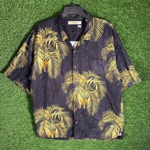 Tommy Bahama Silk Hawaiian Shirt Mens XL Black Gold Palm Tree Vacation